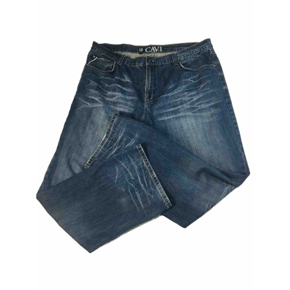 Cavi Mens Jeans 42x33 Blue Dark Wash Whiskers Regular Fit Straight‎ Leg Denim